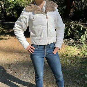 Jansport corduroy bomber jacket faux fur collar 100% cotton white/ brown S/P